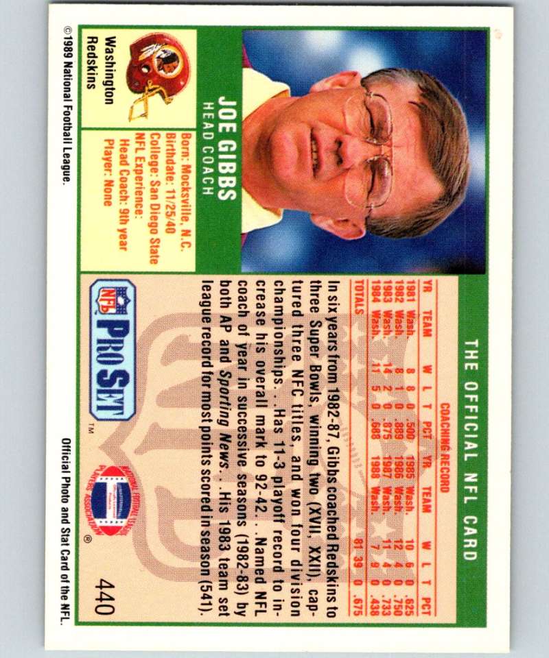 1989 Pro Set #440 Joe Gibbs/ RC Rookie Redskins NFL Football