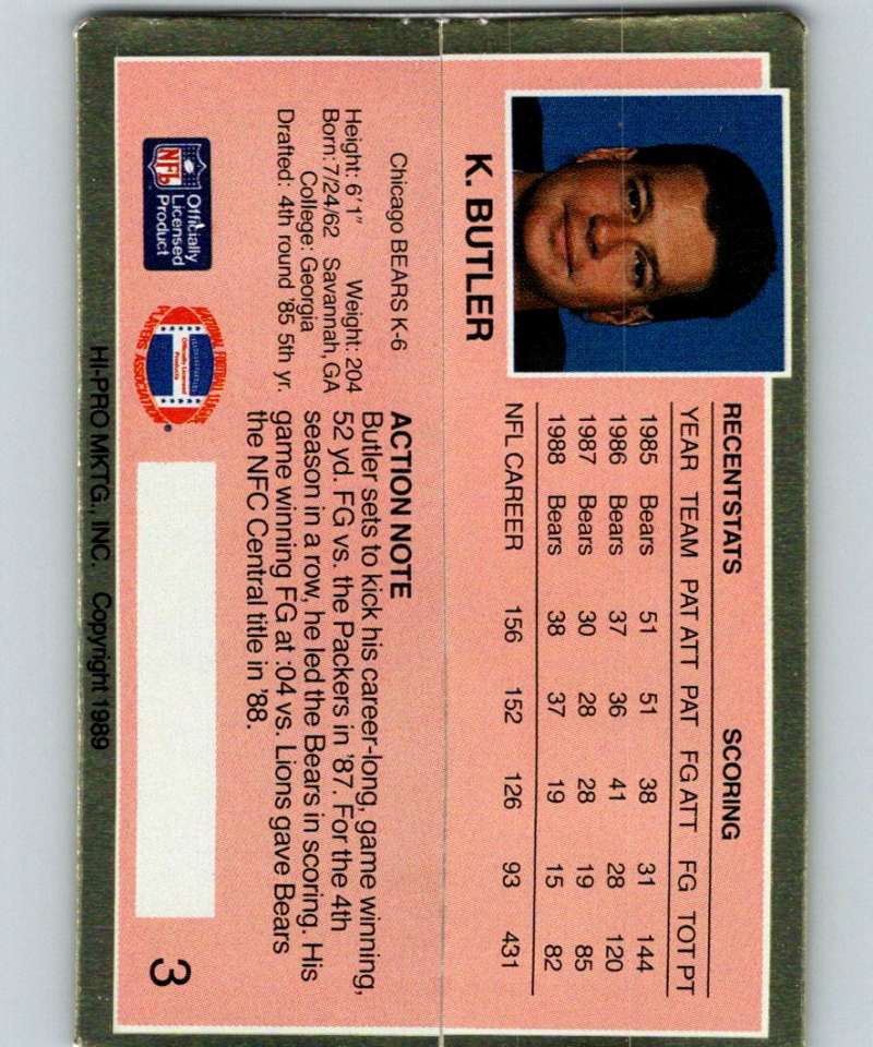 1989 Action Packed Test #3 Kevin Butler Bears NFL Football Image 2