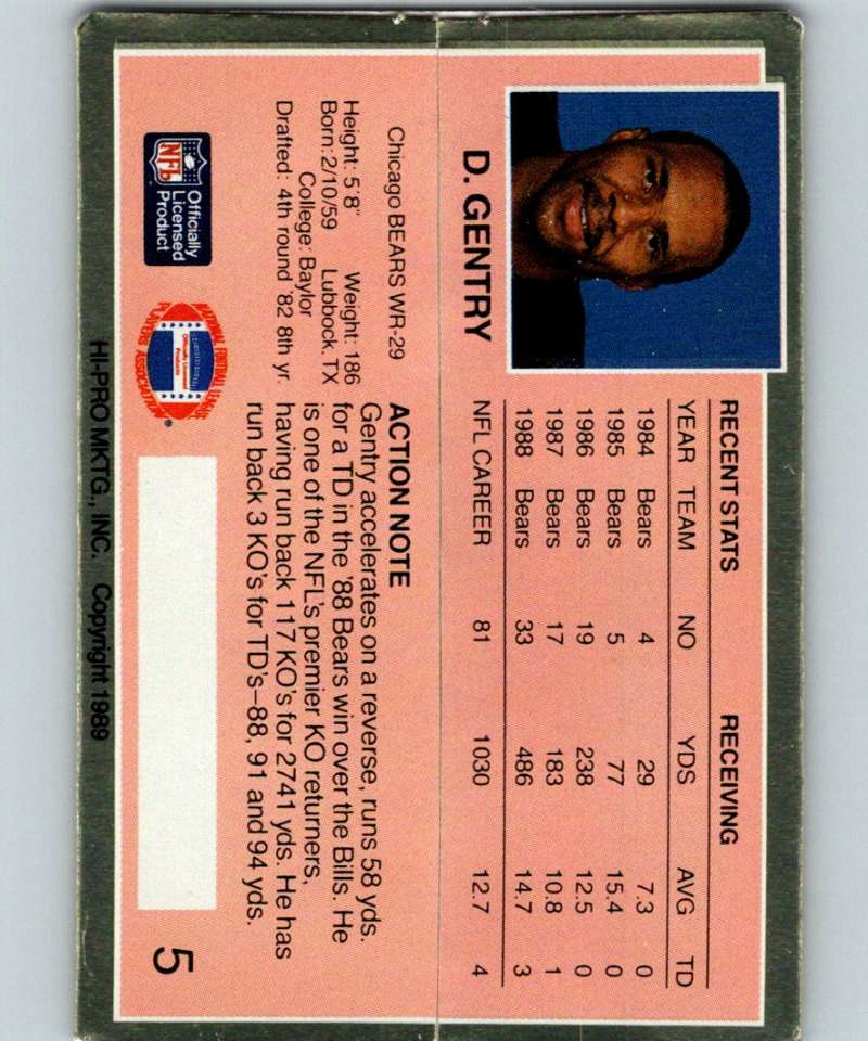 1989 Action Packed Test #5 Dennis Gentry Bears NFL Football Image 2