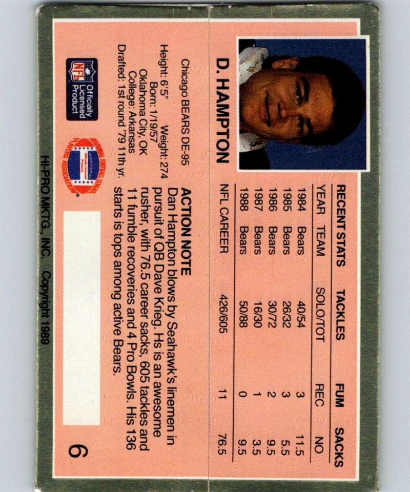 1989 Action Packed Test #6 Dan Hampton Bears NFL Football Image 2