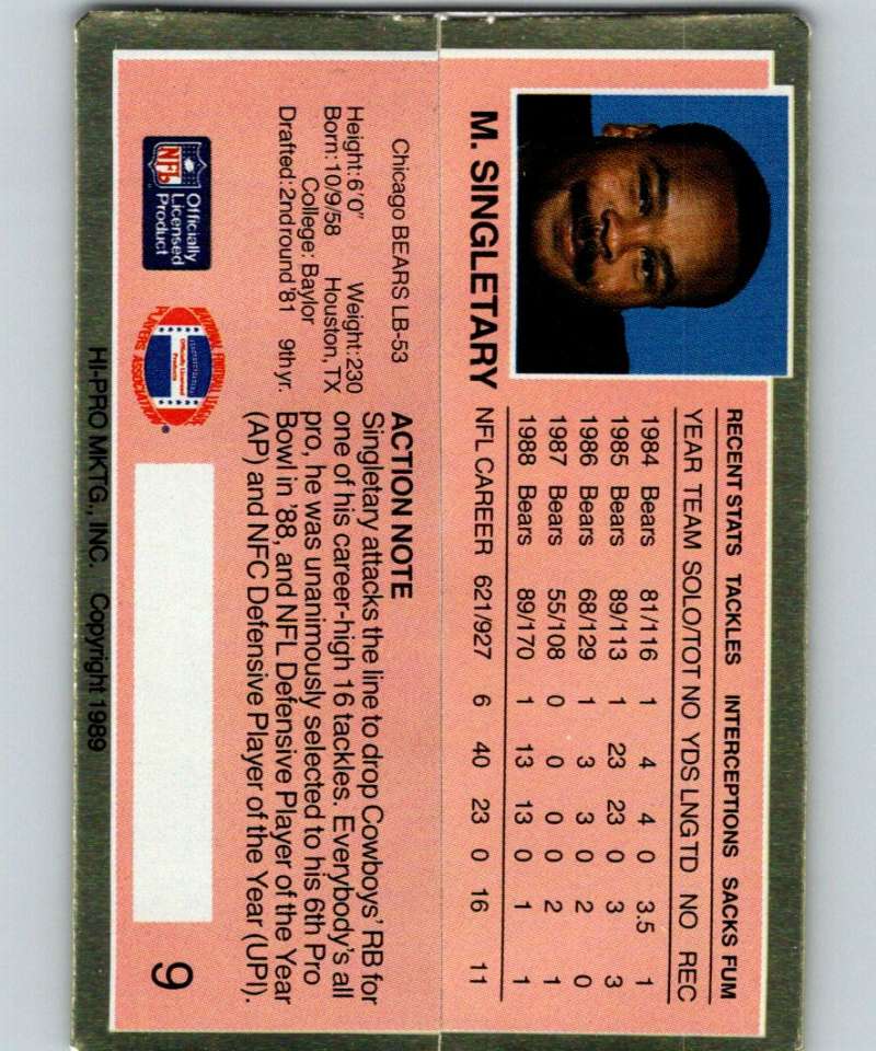 1989 Action Packed Test #9 Mike Singletary Bears NFL Football Image 2