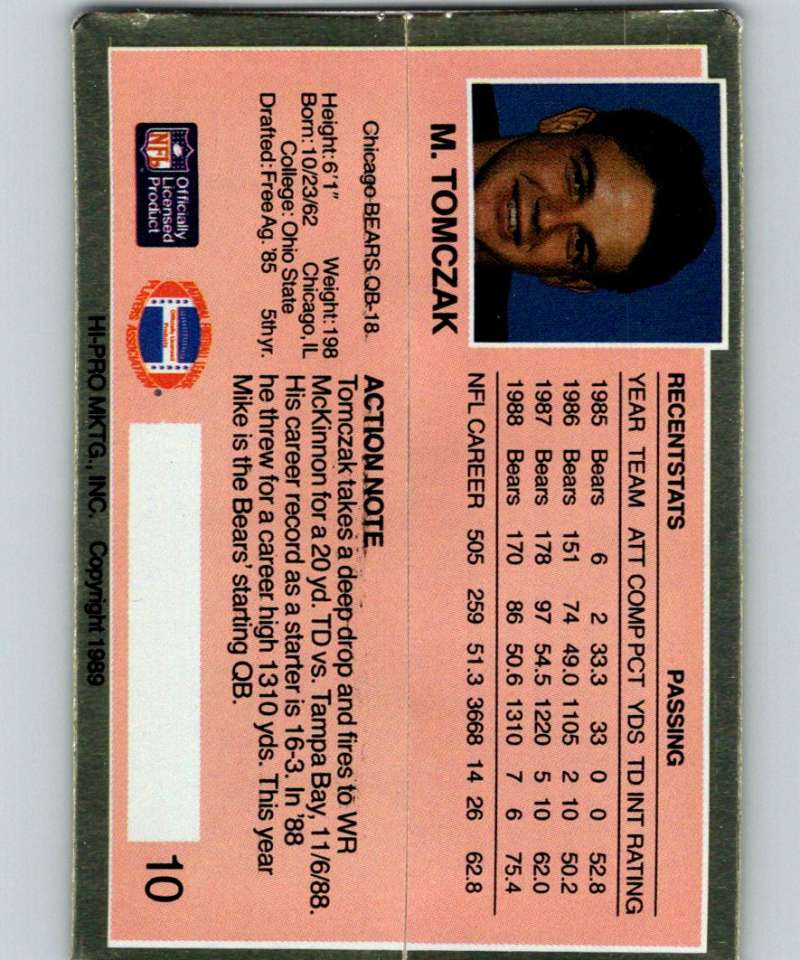 1989 Action Packed Test #10 Mike Tomczak Bears NFL Football