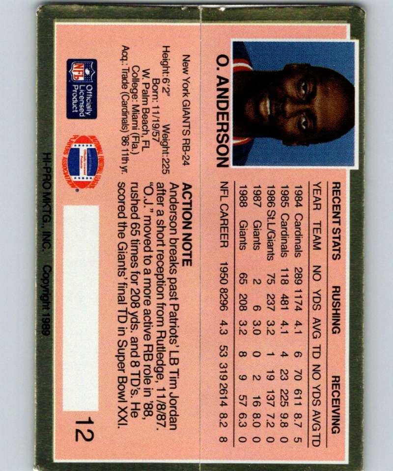 1989 Action Packed Test #12 Ottis Anderson NY Giants NFL Football Image 2