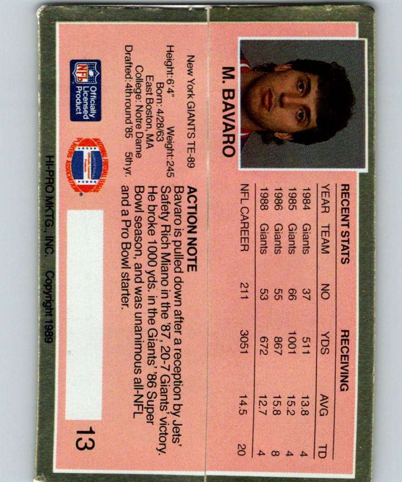 1989 Action Packed Test #13 Mark Bavaro NY Giants NFL Football