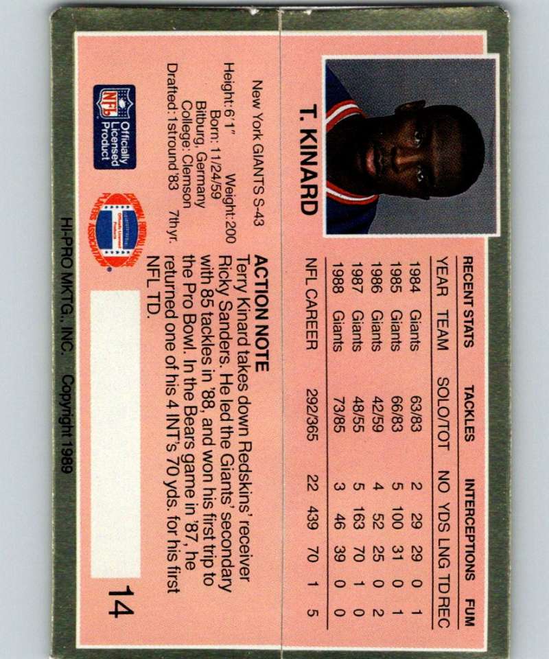 1989 Action Packed Test #14 Terry Kinard NY Giants NFL Football Image 2