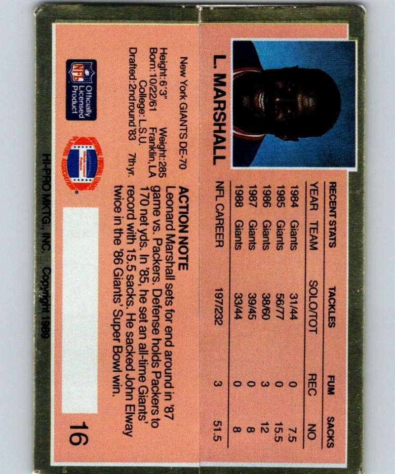 1989 Action Packed Test #16 Leonard Marshall NY Giants NFL Football Image 2