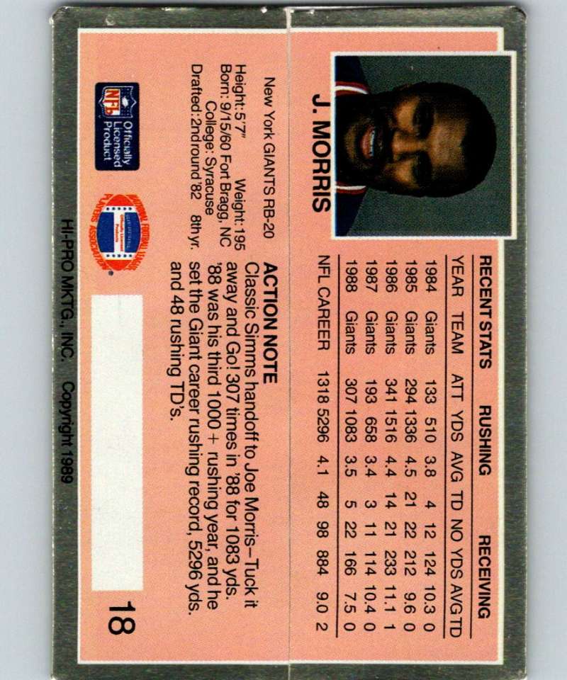 1989 Action Packed Test #18 Joe Morris NY Giants NFL Football Image 2