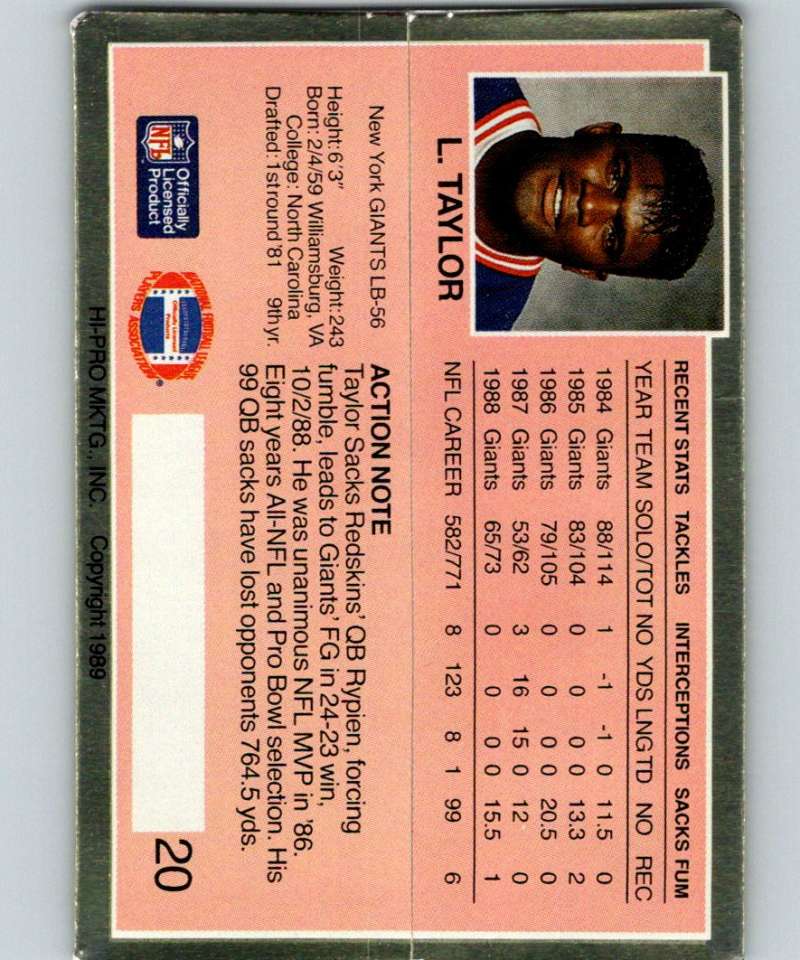 1989 Action Packed Test #20 Lawrence Taylor NY Giants NFL Football