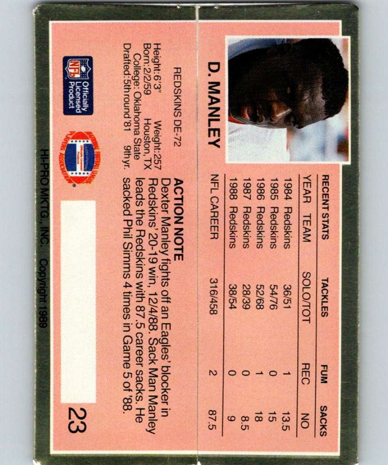 1989 Action Packed Test #23 Dexter Manley Redskins NFL Football Image 2