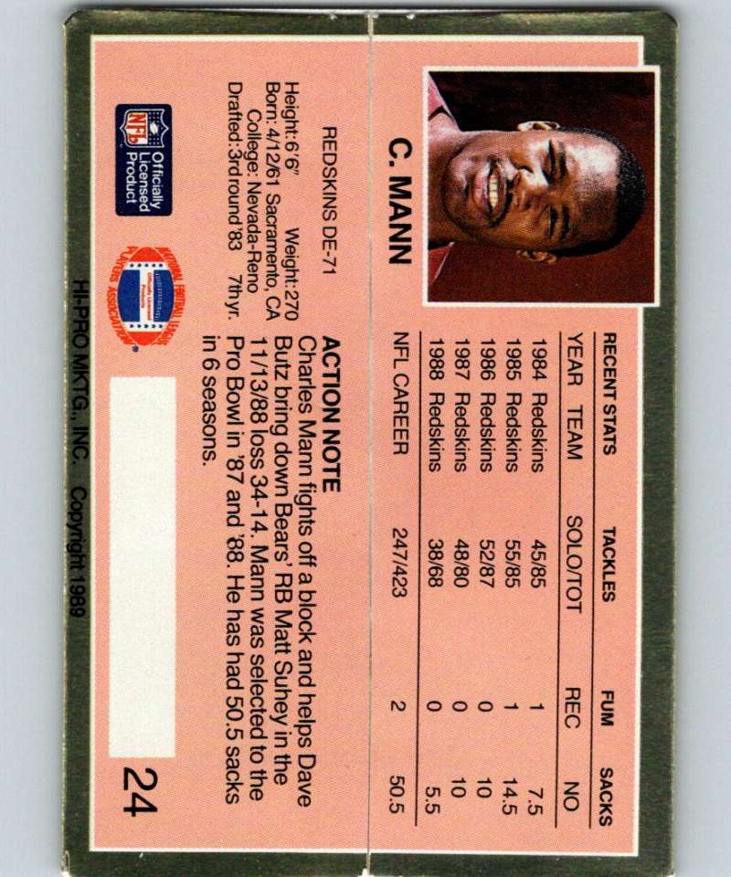 1989 Action Packed Test #24 Charles Mann Redskins NFL Football Image 2