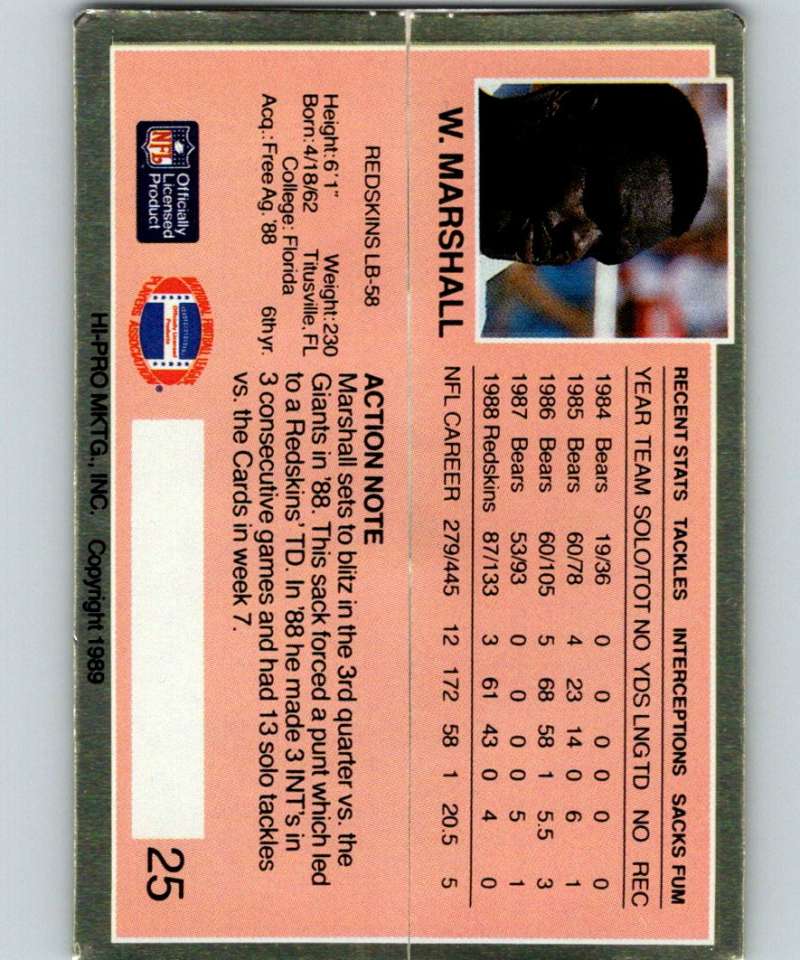 1989 Action Packed Test #25 Wilber Marshall Redskins NFL Football Image 2