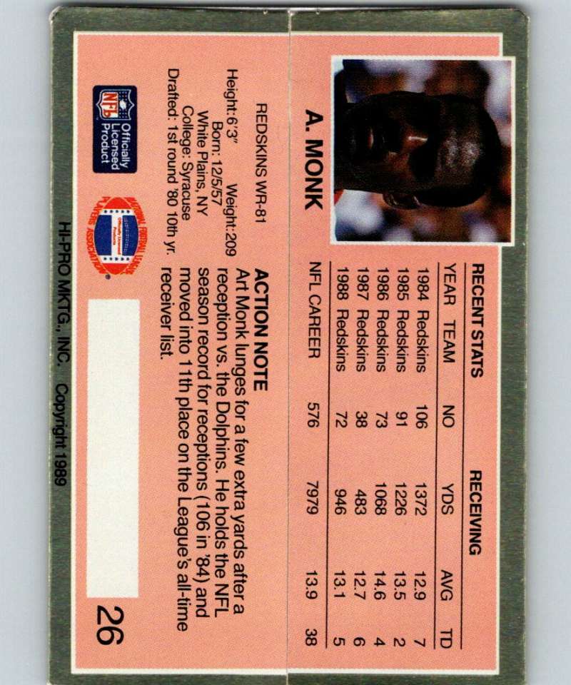 1989 Action Packed Test #26 Art Monk Redskins NFL Football Image 2