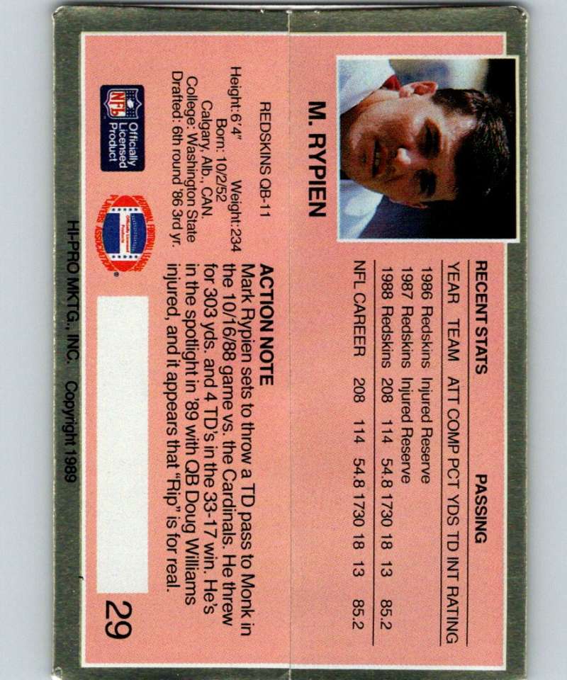 1989 Action Packed Test #29 Mark Rypien Redskins NFL Football Image 2