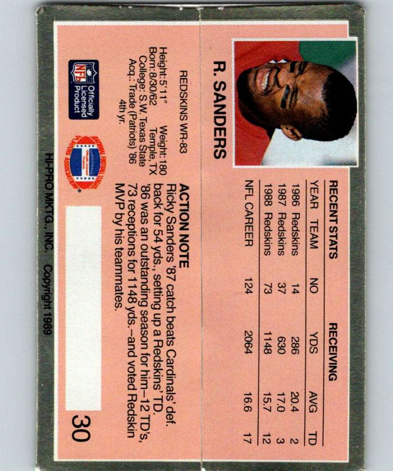 1989 Action Packed Test #30 Ricky Sanders Redskins NFL Football Image 2