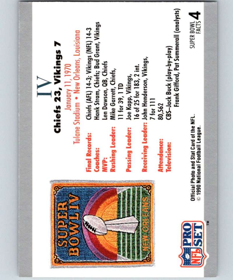 1990 Pro Set Super Bowl 160 #4 SB IV Ticket NFL Football