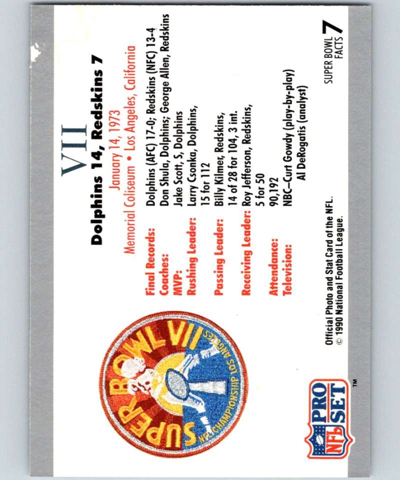1990 Pro Set Super Bowl 160 #7 SB VII Ticket NFL Football Image 2
