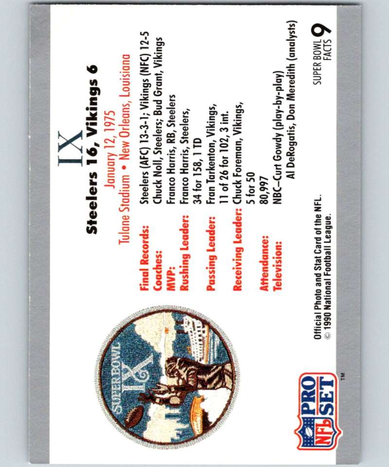 1990 Pro Set Super Bowl 160 #9 SB IX Ticket NFL Football Image 2
