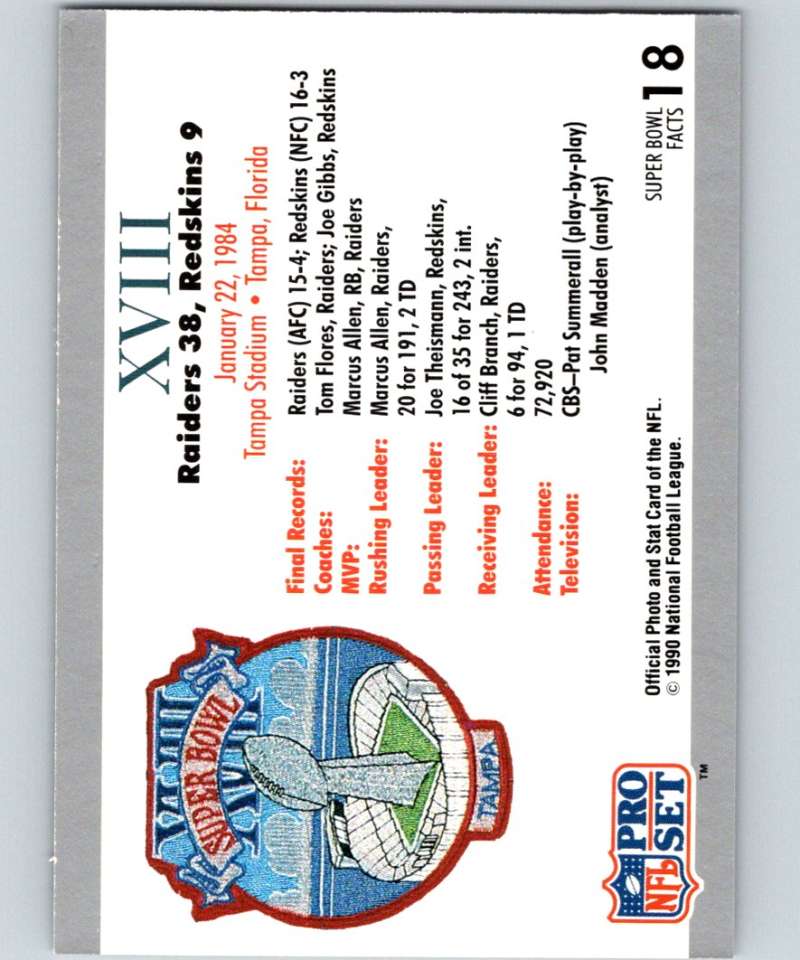 1990 Pro Set Super Bowl 160 #18 SB XVIII Ticket NFL Football