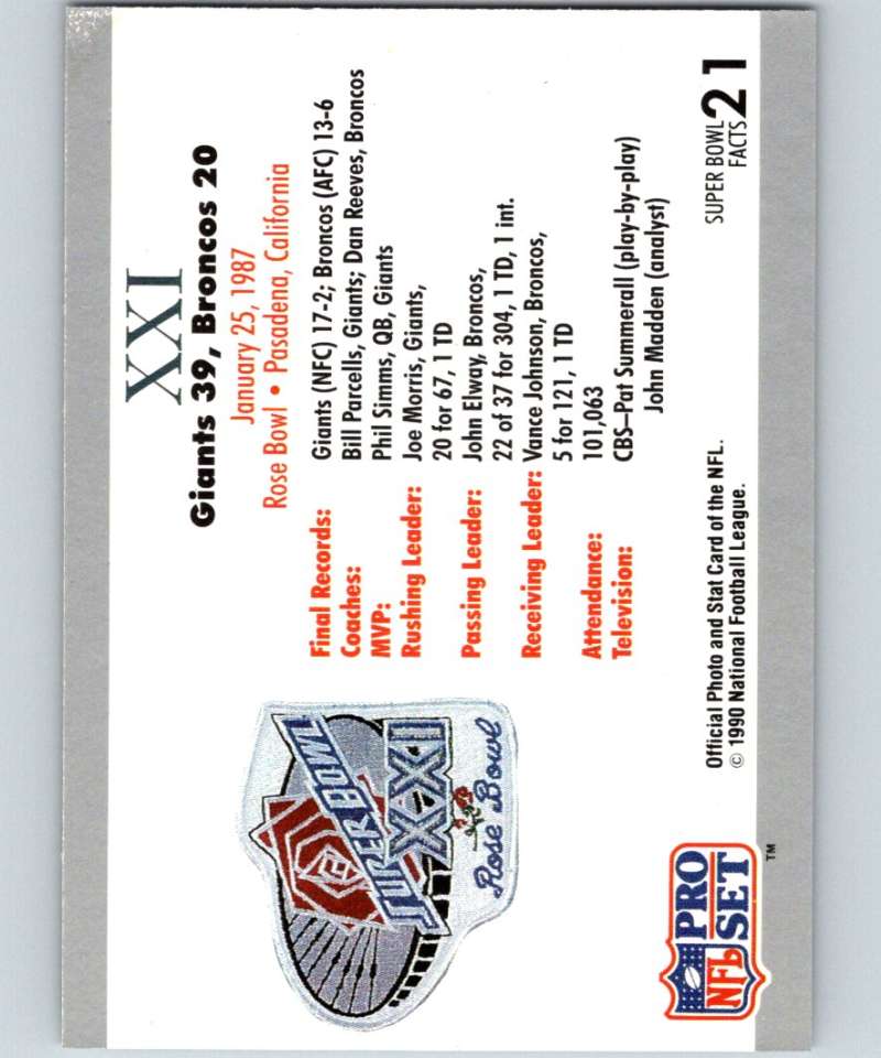 1990 Pro Set Super Bowl 160 #21 SB XXI Ticket NFL Football Image 2