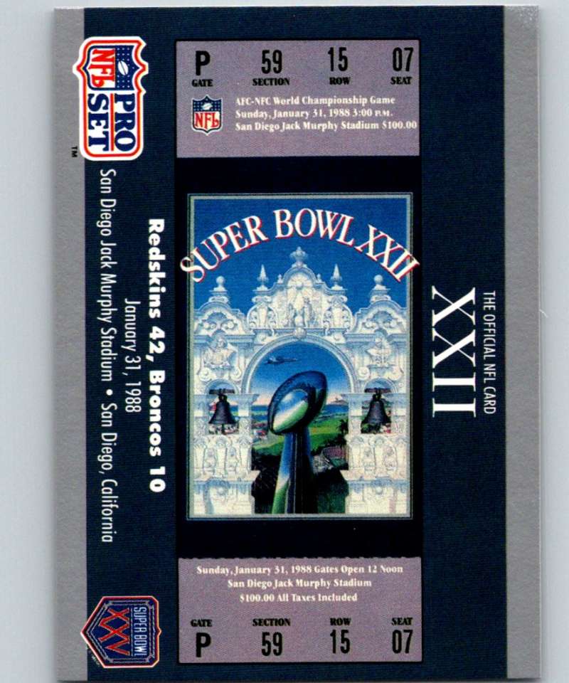 1990 Pro Set Super Bowl 160 #22 SB XXII Ticket NFL Football Image 1