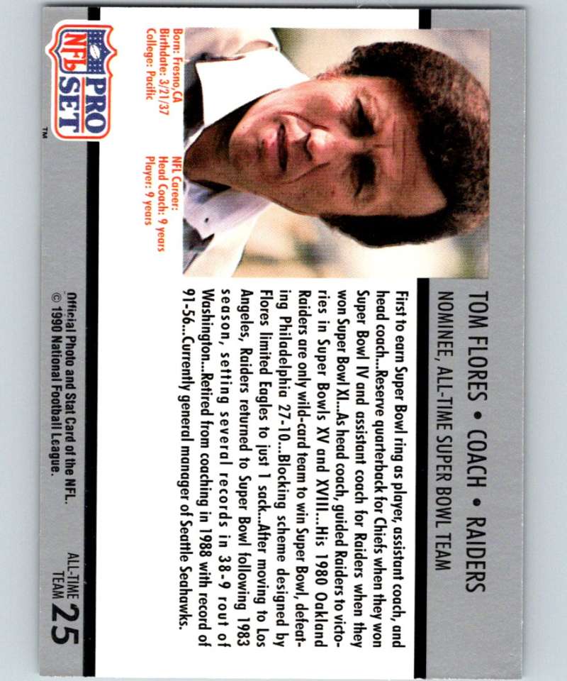 1990 Pro Set Super Bowl 160 #25 Tom Flores CO NFL Football