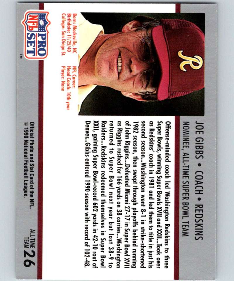 1990 Pro Set Super Bowl 160 #26 Joe Gibbs Redskins CO NFL Football