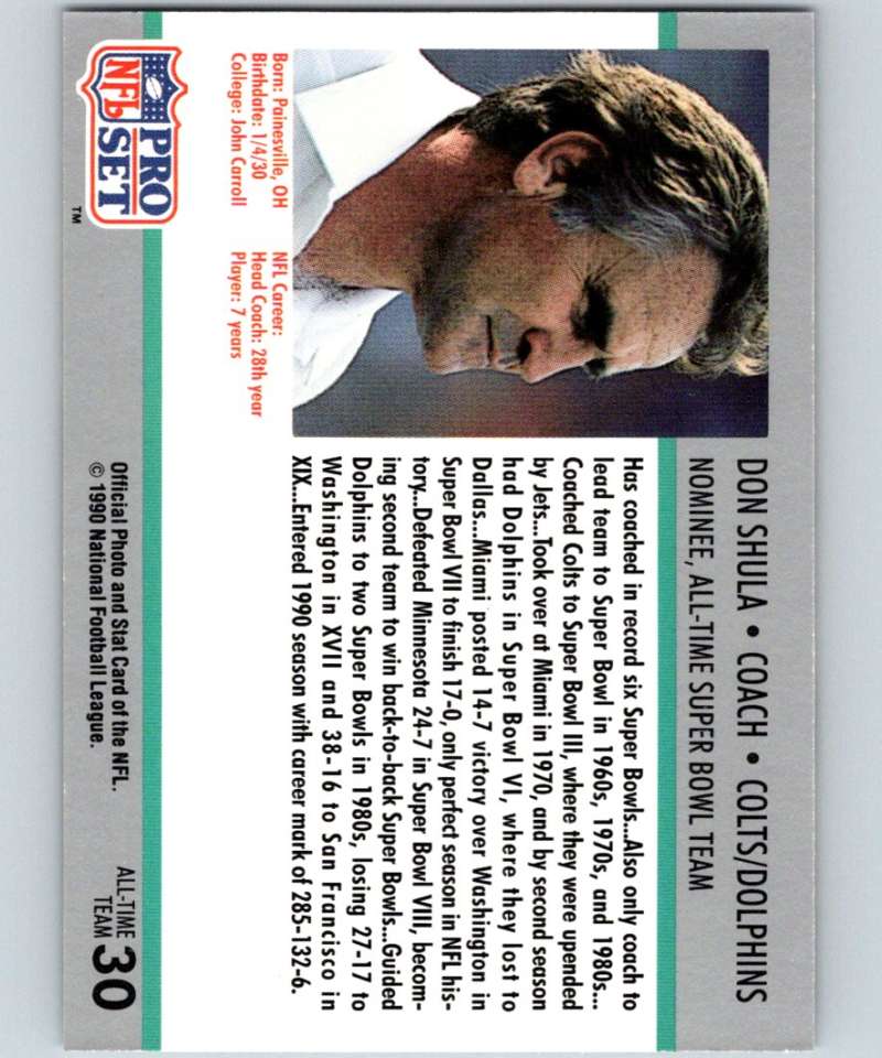 1990 Pro Set Super Bowl 160 #30 Don Shula CO NFL Football