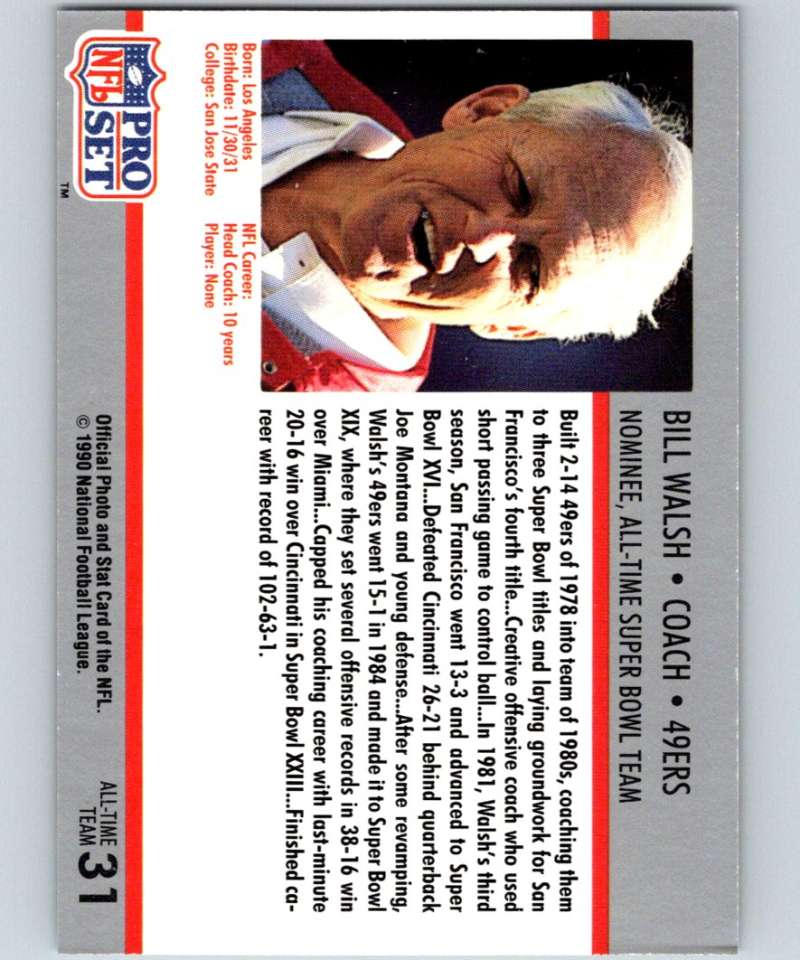 1990 Pro Set Super Bowl 160 #31 Bill Walsh 49ers CO NFL Football