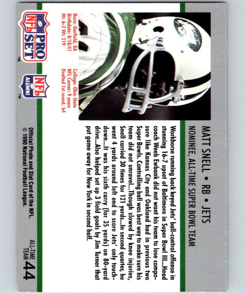 1990 Pro Set Super Bowl 160 #44 Matt Snell NY Jets NFL Football Image 2