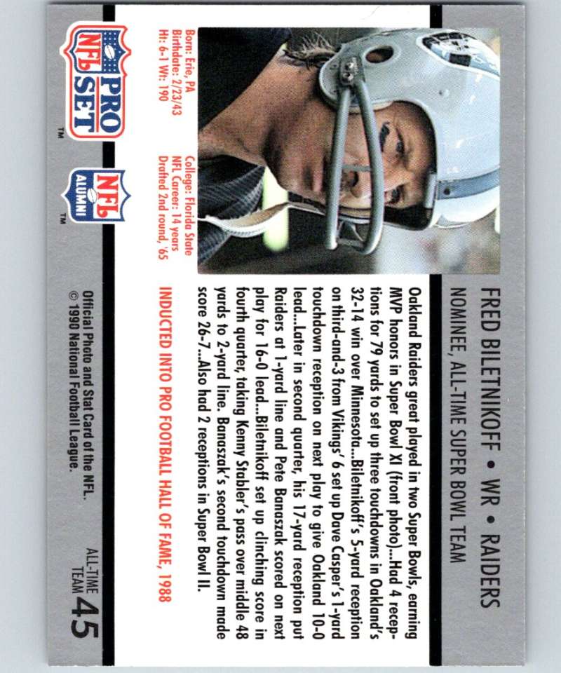 1990 Pro Set Super Bowl 160 #45 Fred Biletnikoff Raiders NFL Football Image 2