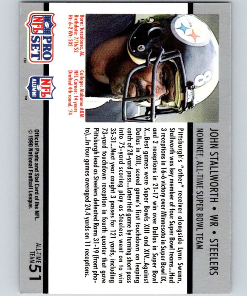 1990 Pro Set Super Bowl 160 #51 John Stallworth Steelers NFL Football Image 2