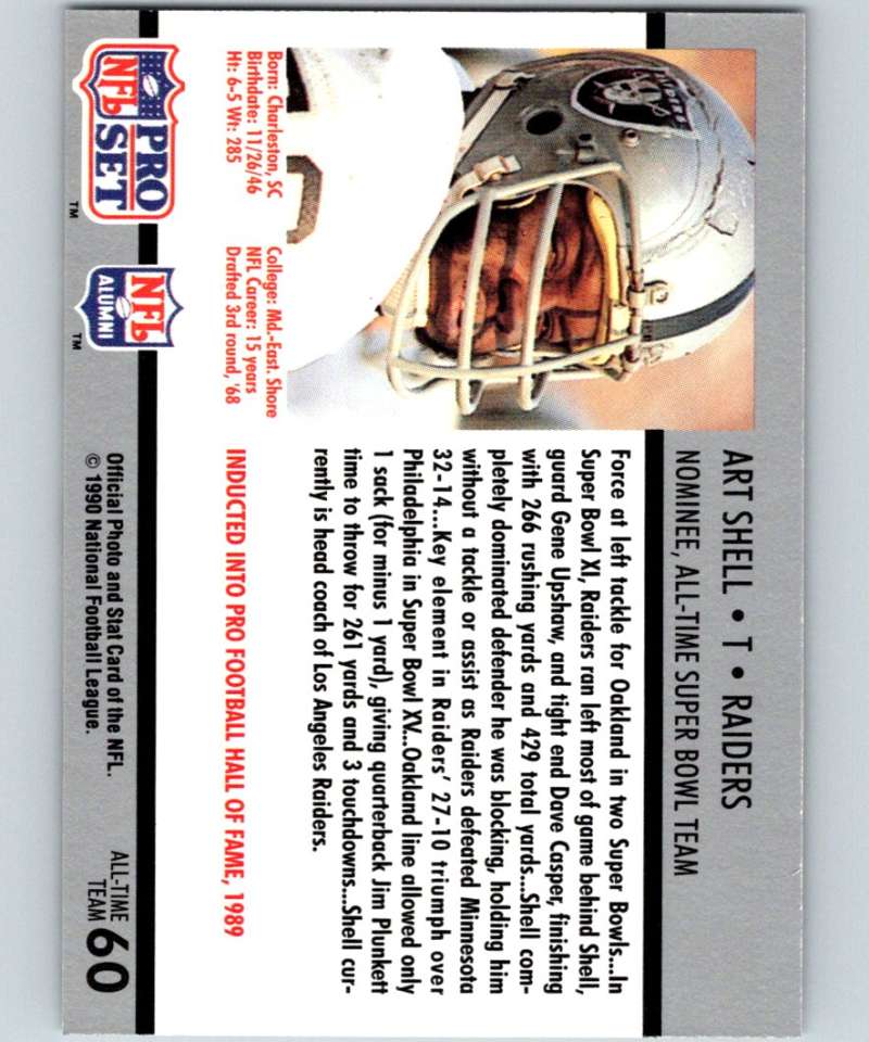 1990 Pro Set Super Bowl 160 #60 Art Shell Raiders NFL Football Image 2