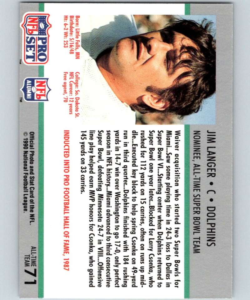 1990 Pro Set Super Bowl 160 #71 Jim Langer Dolphins NFL Football Image 2