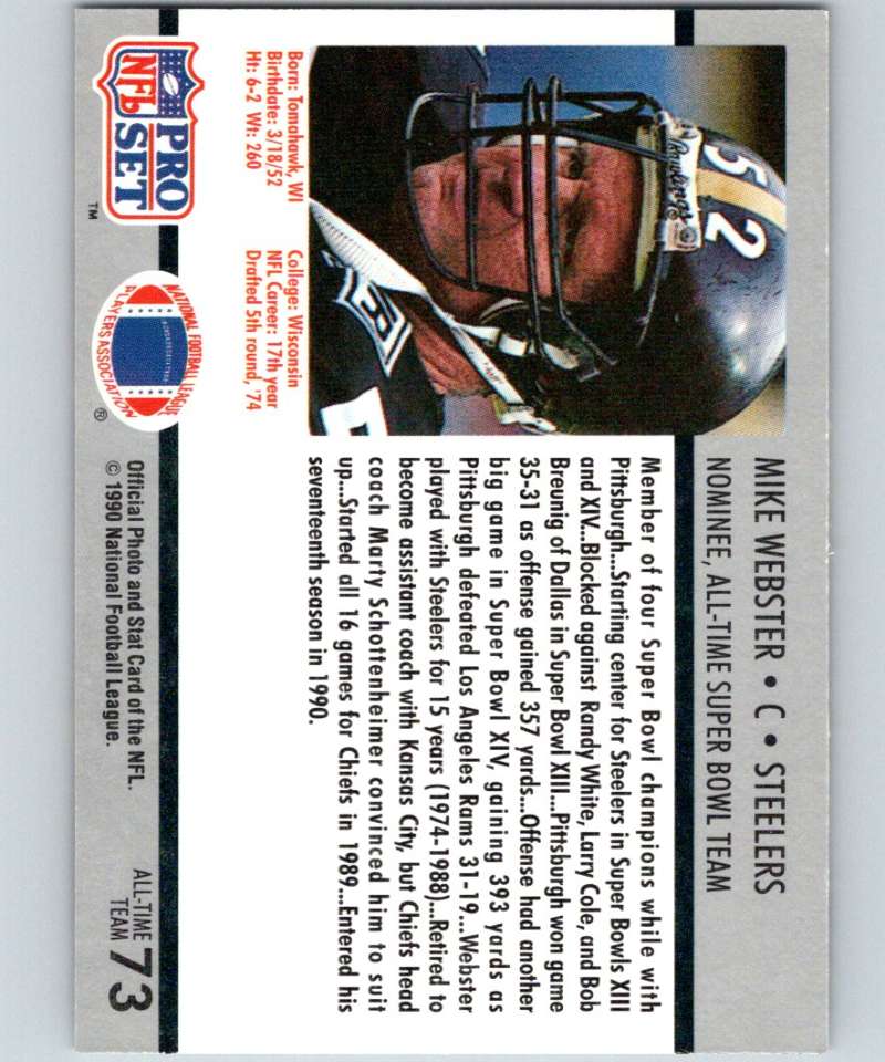 1990 Pro Set Super Bowl 160 #73 Mike Webster Steelers NFL Football Image 2