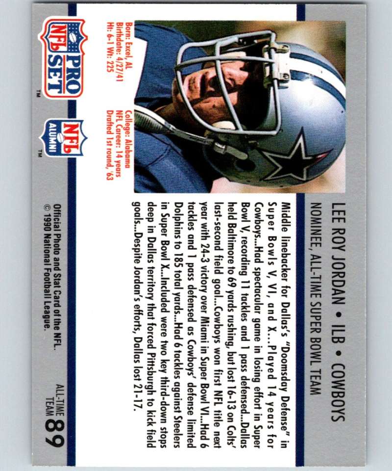 1990 Pro Set Super Bowl 160 #89 Lee Roy Jordan Cowboys NFL Football Image 2