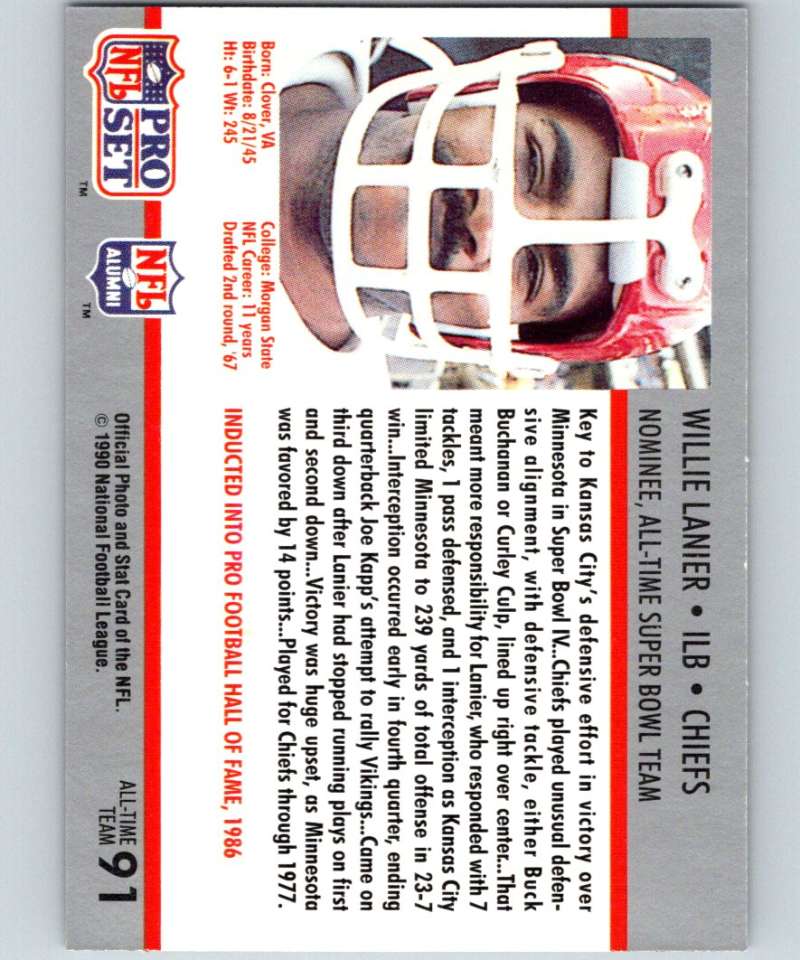 1990 Pro Set Super Bowl 160 #91 Willie Lanier Chiefs NFL Football