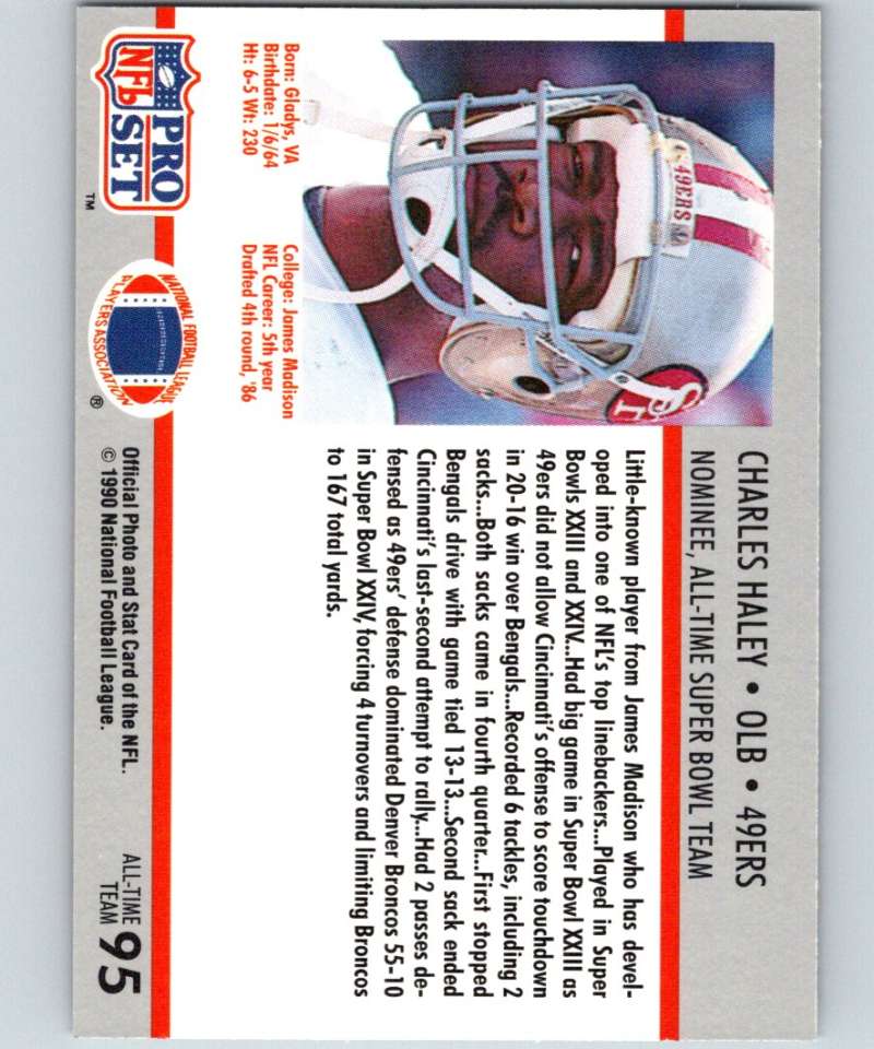 1990 Pro Set Super Bowl 160 #95 Charles Haley 49ers NFL Football Image 2
