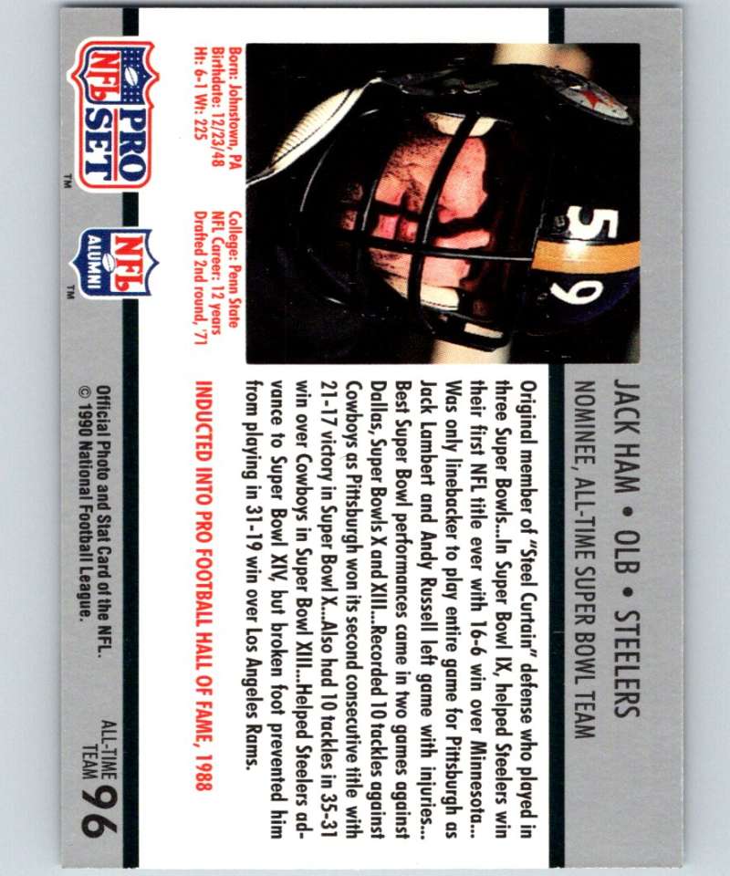 1990 Pro Set Super Bowl 160 #96 Jack Ham Steelers NFL Football Image 2