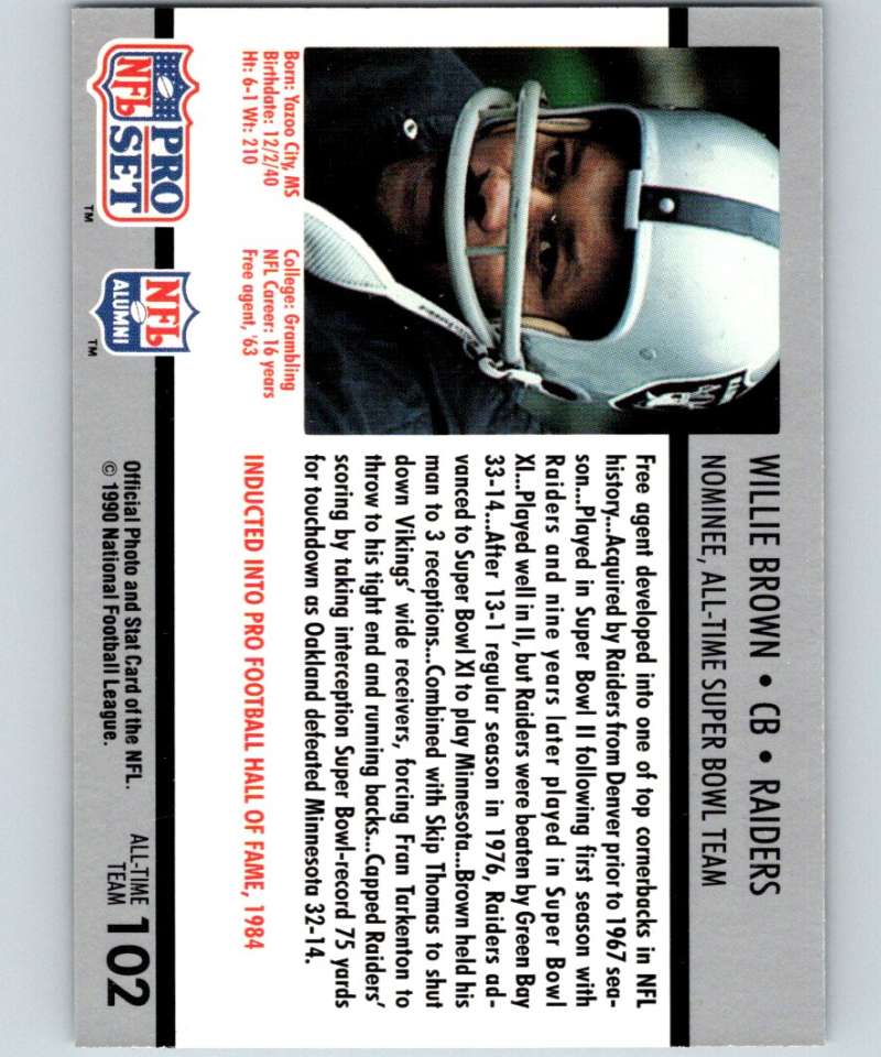 1990 Pro Set Super Bowl 160 #102 Willie Brown Raiders NFL Football Image 2