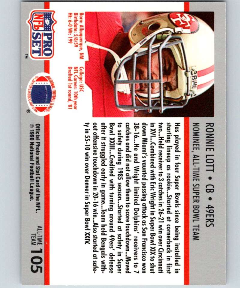1990 Pro Set Super Bowl 160 #105 Ronnie Lott 49ers NFL Football Image 2