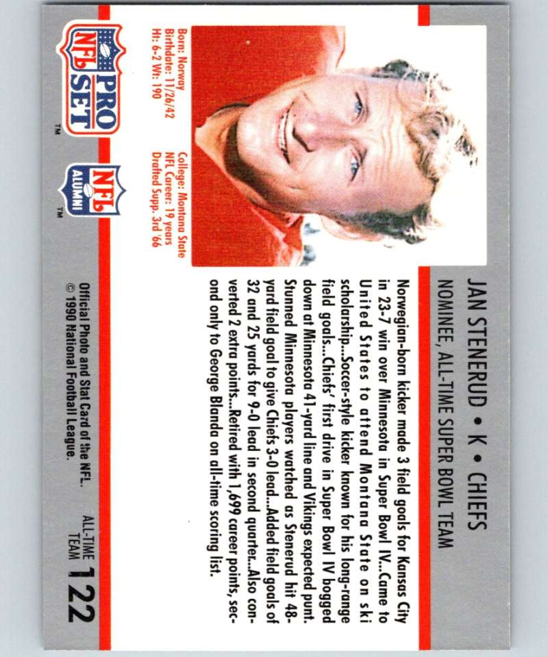 1990 Pro Set Super Bowl 160 #122 Jan Stenerud Chiefs NFL Football