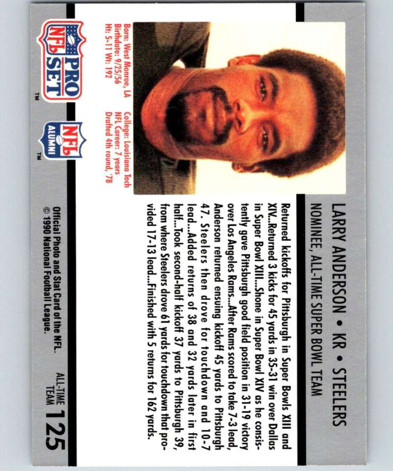 1990 Pro Set Super Bowl 160 #125 Larry Anderson Steelers NFL Football Image 2