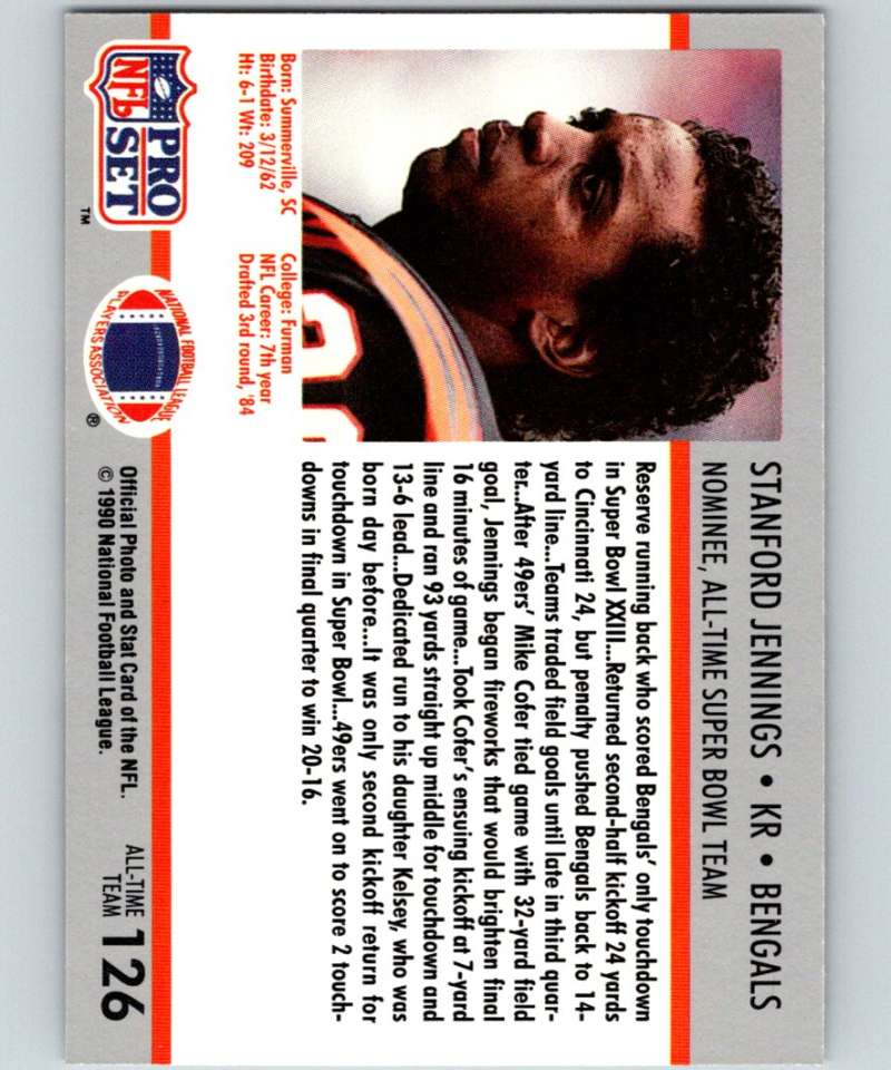 1990 Pro Set Super Bowl 160 #126 Stanford Jennings Bengals NFL Football Image 2