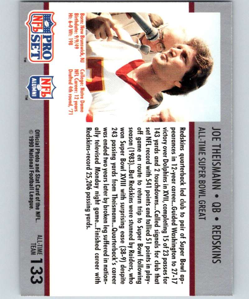 1990 Pro Set Super Bowl 160 #133 Joe Theismann Redskins NFL Football Image 2