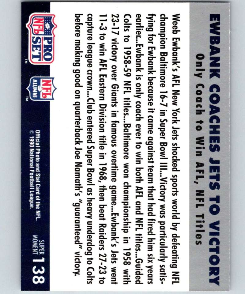 1990 Pro Set Super Bowl 160 #138 Ewbank Coaches Jets Victory NFL Football Image 2