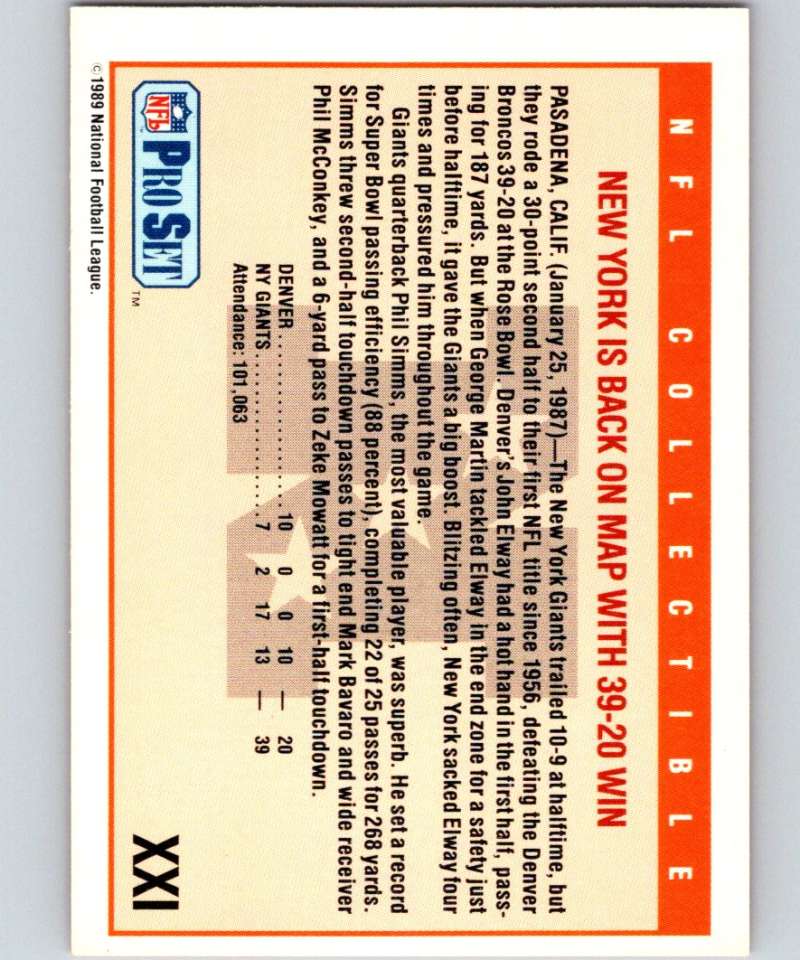 1989 Pro Set Super Bowl Logos #21 Super Bowl XXI NFL Football