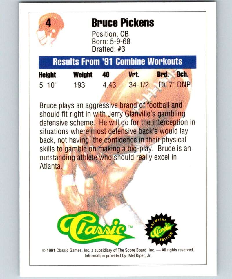 1991 Classic #4 Bruce Pickens NFL Football Image 2