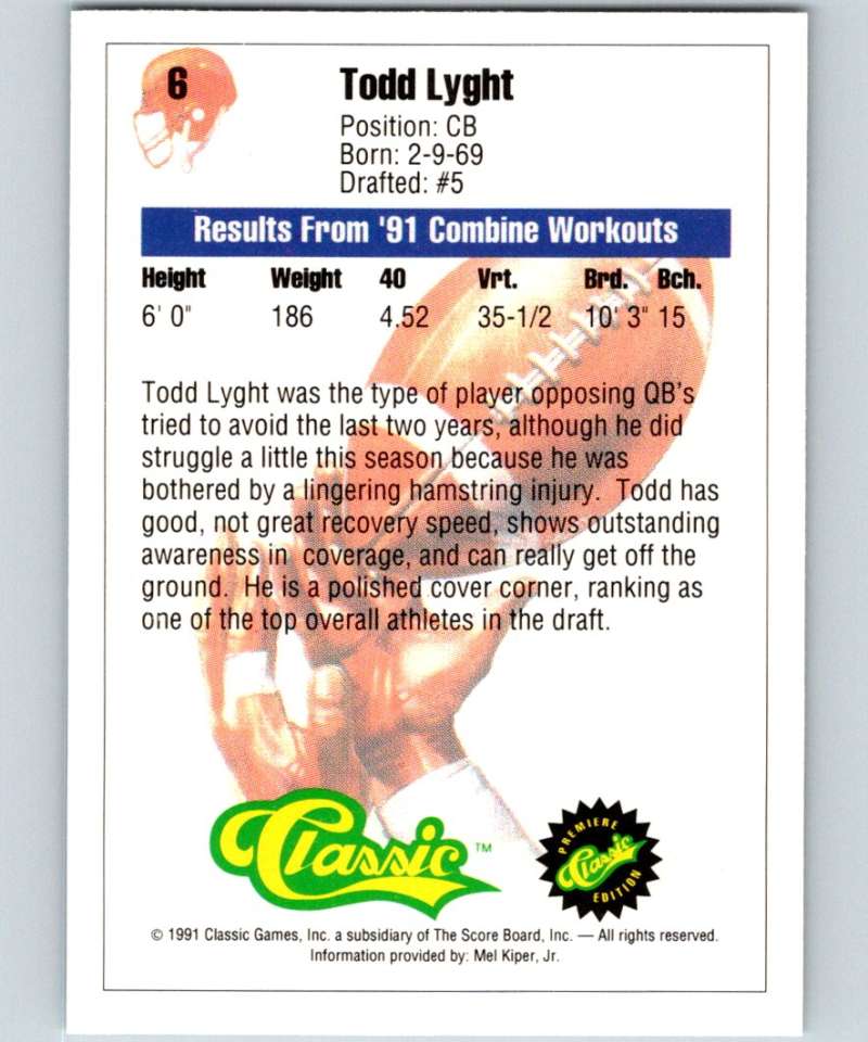 1991 Classic #6 Todd Lyght NFL Football Image 2