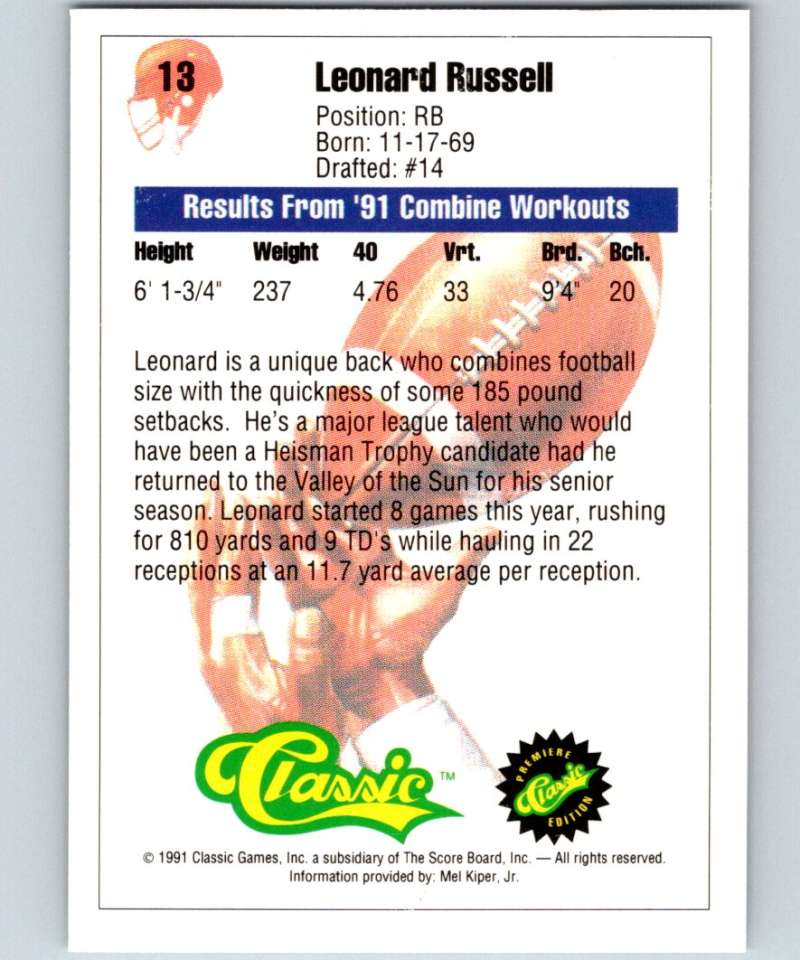 1991 Classic #13 Leonard Russell NFL Football Image 2