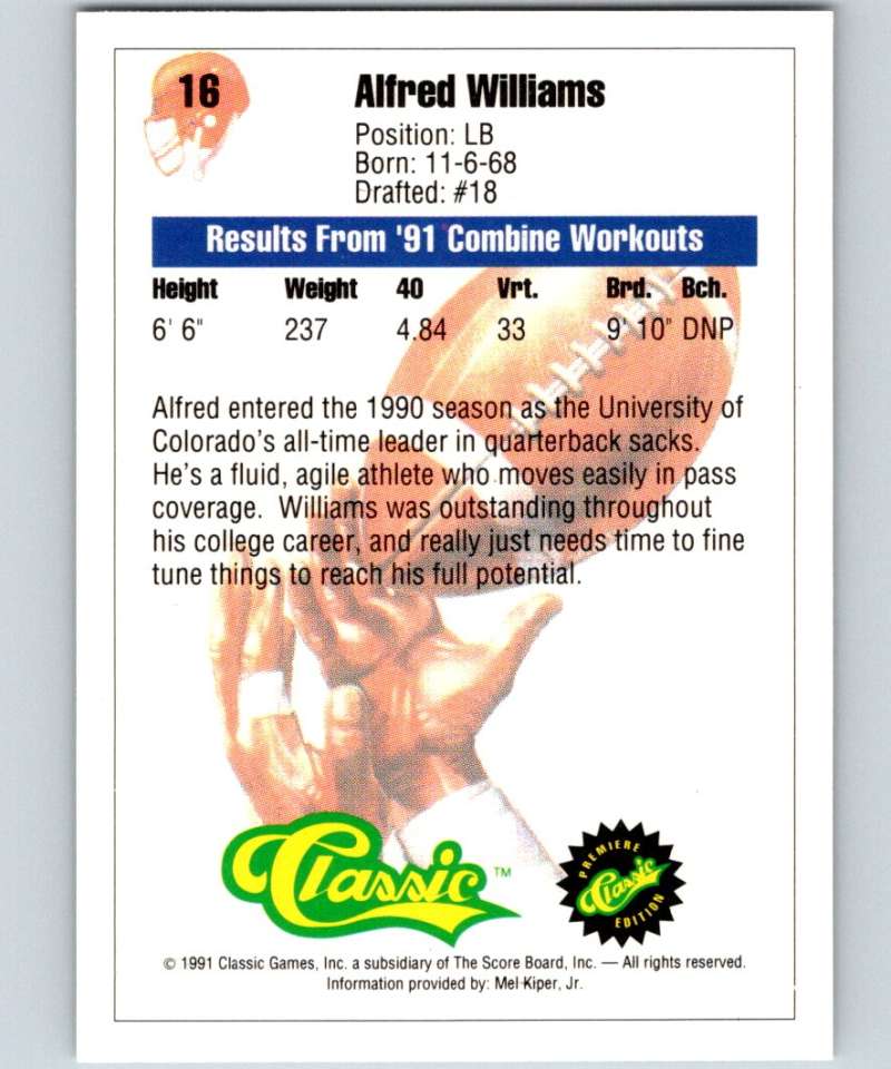 1991 Classic #16 Alfred Williams NFL Football Image 2